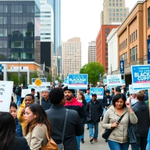 Cityscape of Birmingham with campaign signs