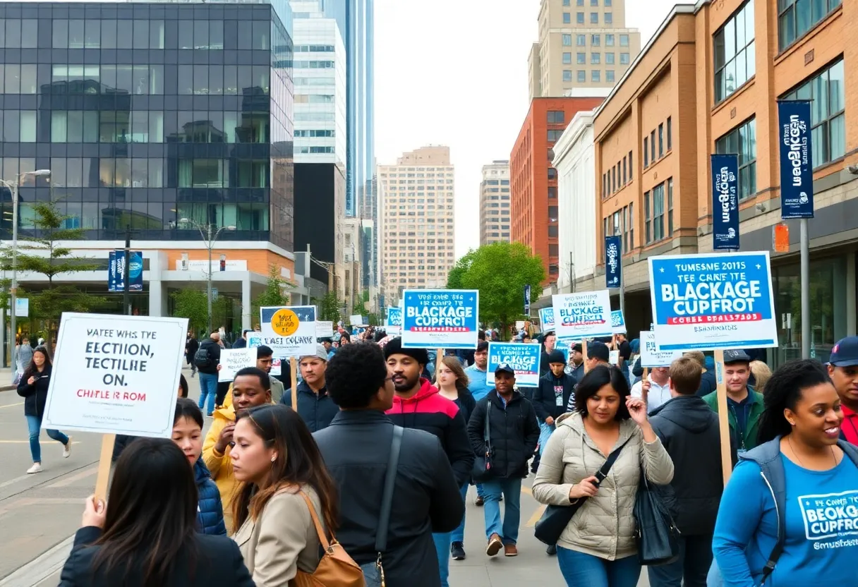 Cityscape of Birmingham with campaign signs