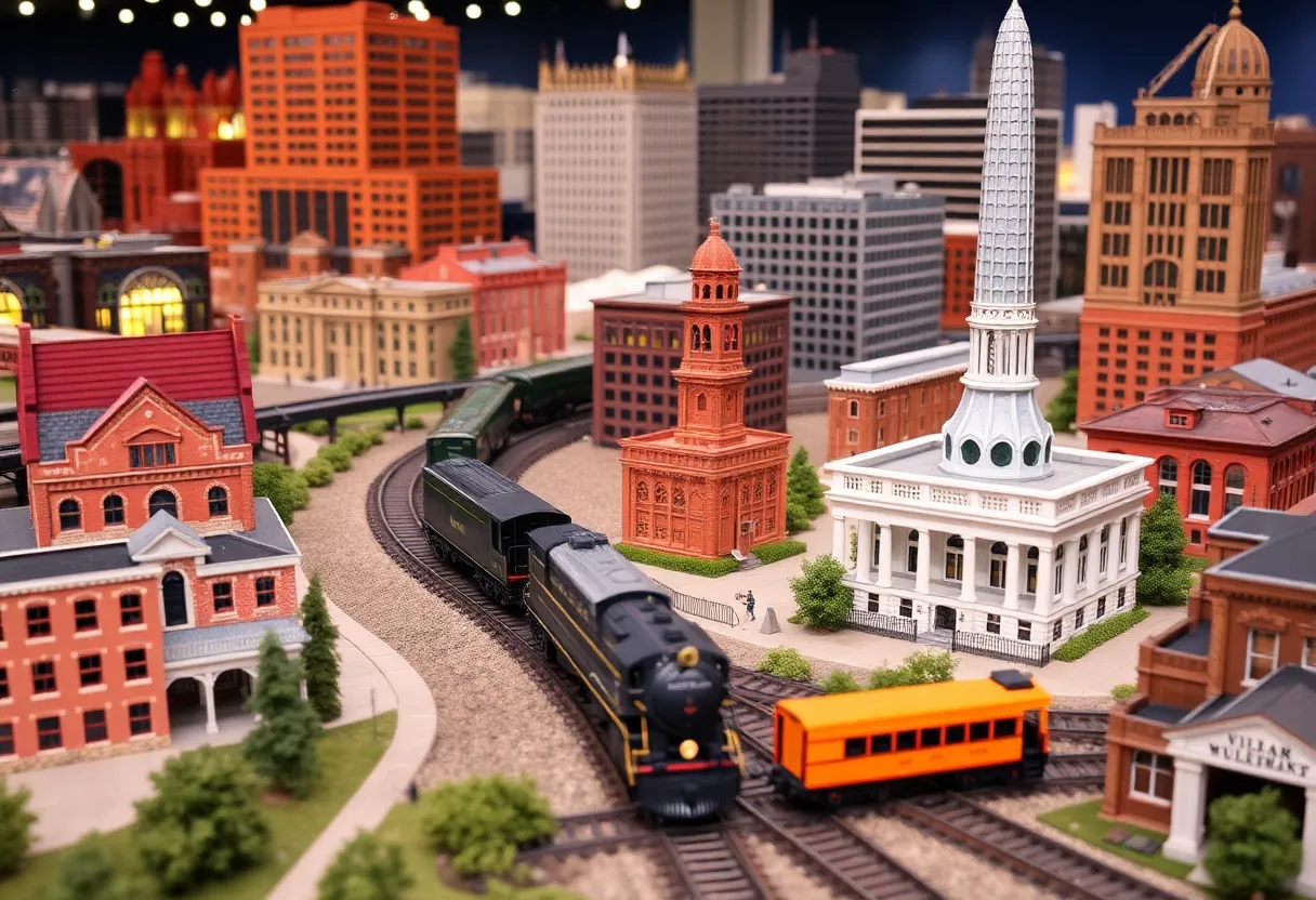 A model railroad exhibit featuring miniature icons of Birmingham's history.