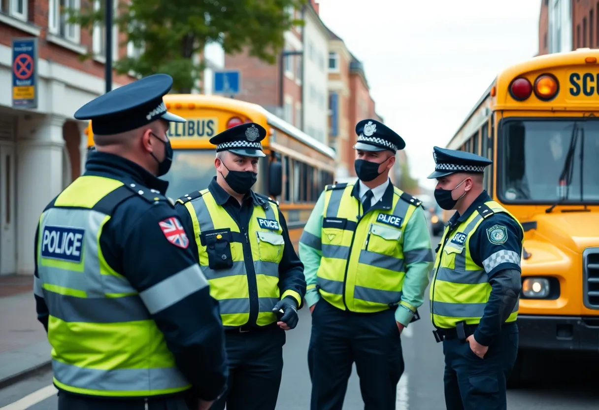 Police officers in Birmingham discussing near a school bus