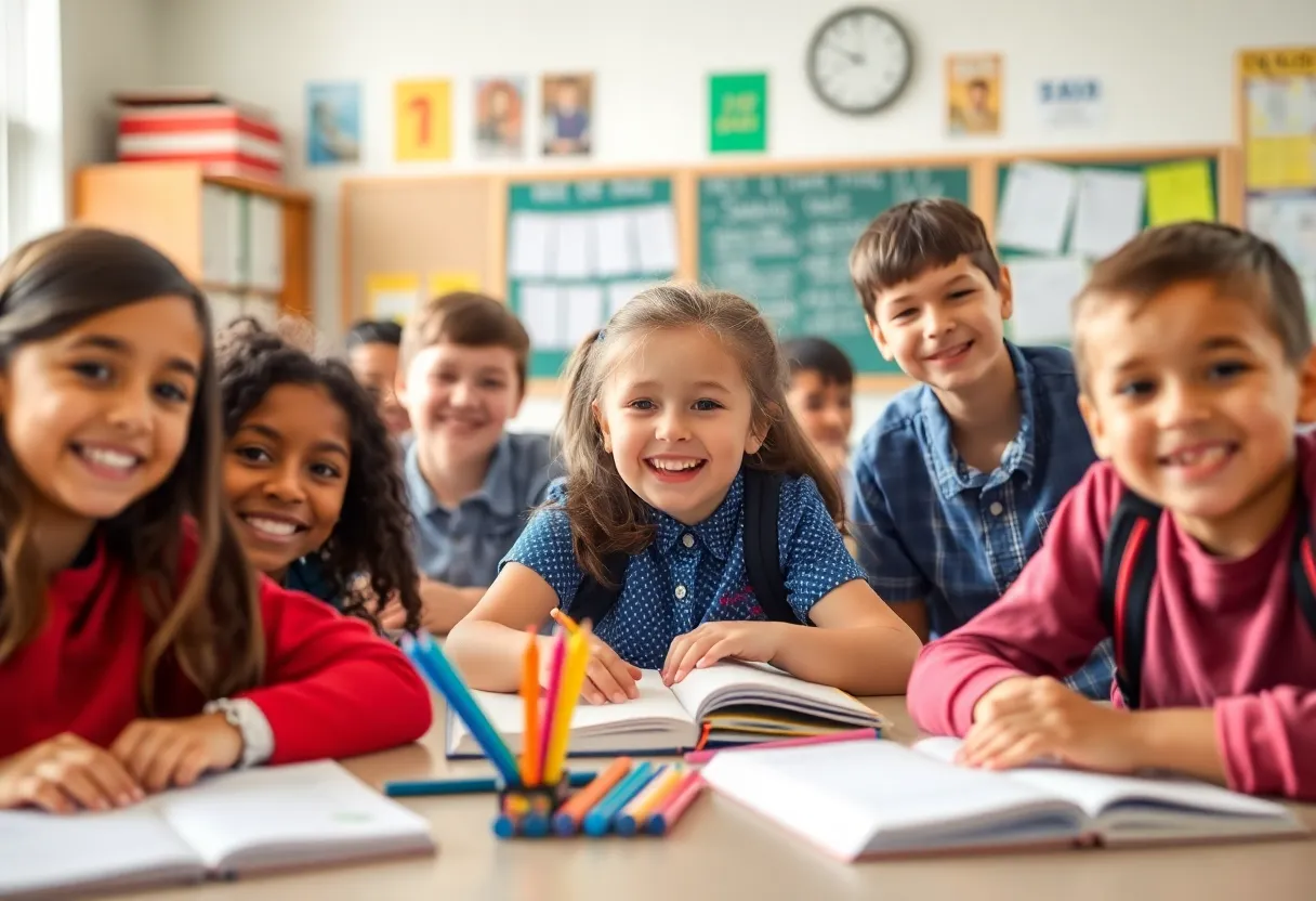 Children celebrating the first day of school in Birmingham