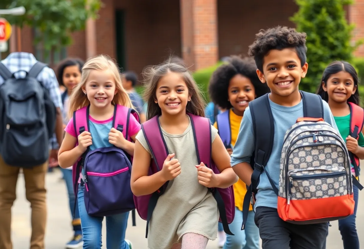 Children in Birmingham excitedly going to school for the first day with backpacks.