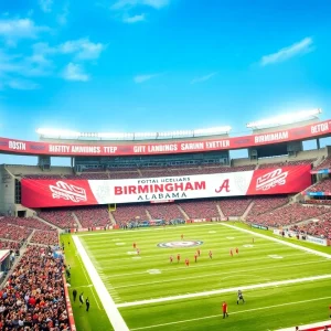 Fans at Birmingham City Football Club Stadium promoting Birmingham, Alabama tourism