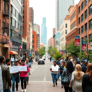 Dynamic urban landscape of Birmingham featuring community voters and political symbols.
