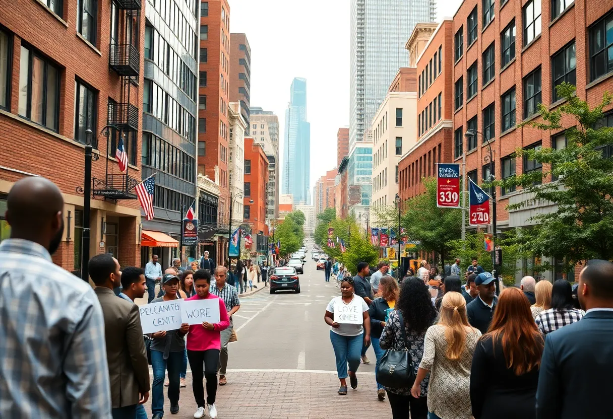 Vibrant urban scene in Birmingham, Alabama during a civic event