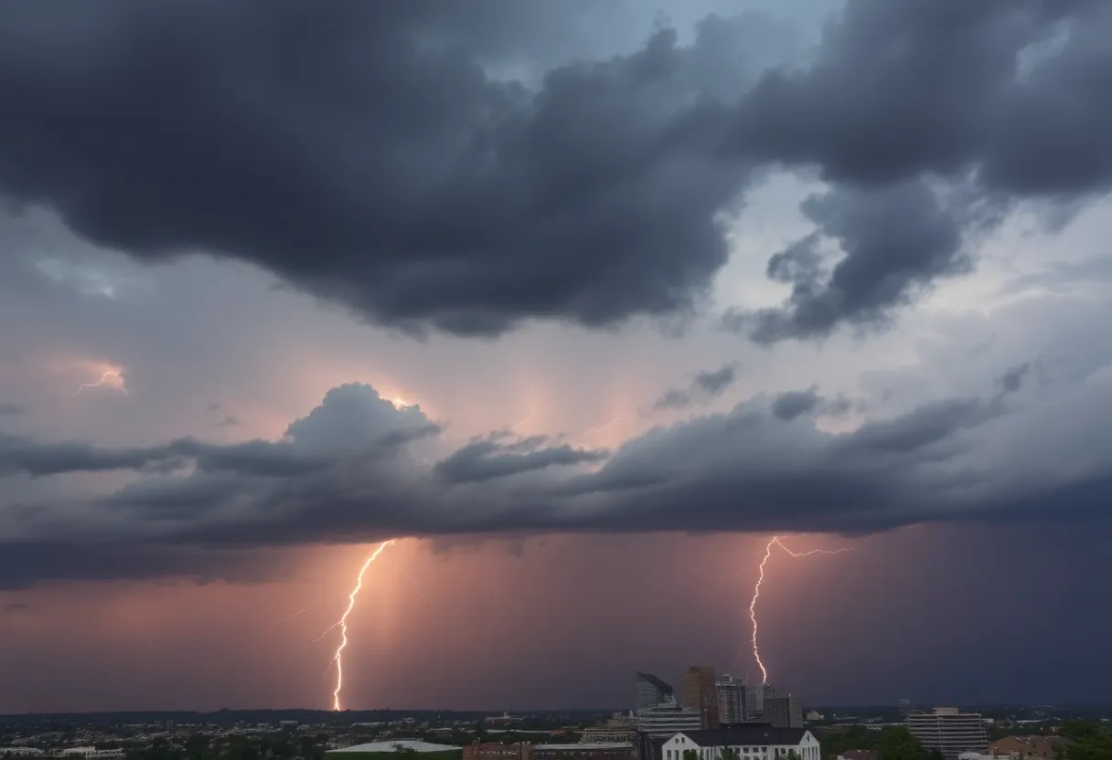 Stormy skyline over Birmingham, Alabama with dark clouds and lightning