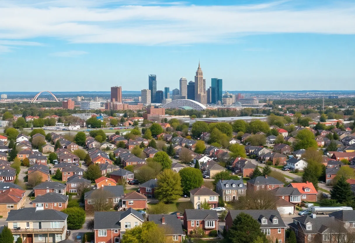 Panoramic view of Birmingham city skyline with suburban areas in the background.