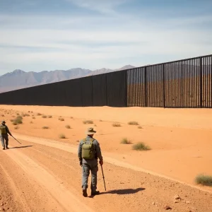 Black-painted U.S.-Mexico border wall with military presence.