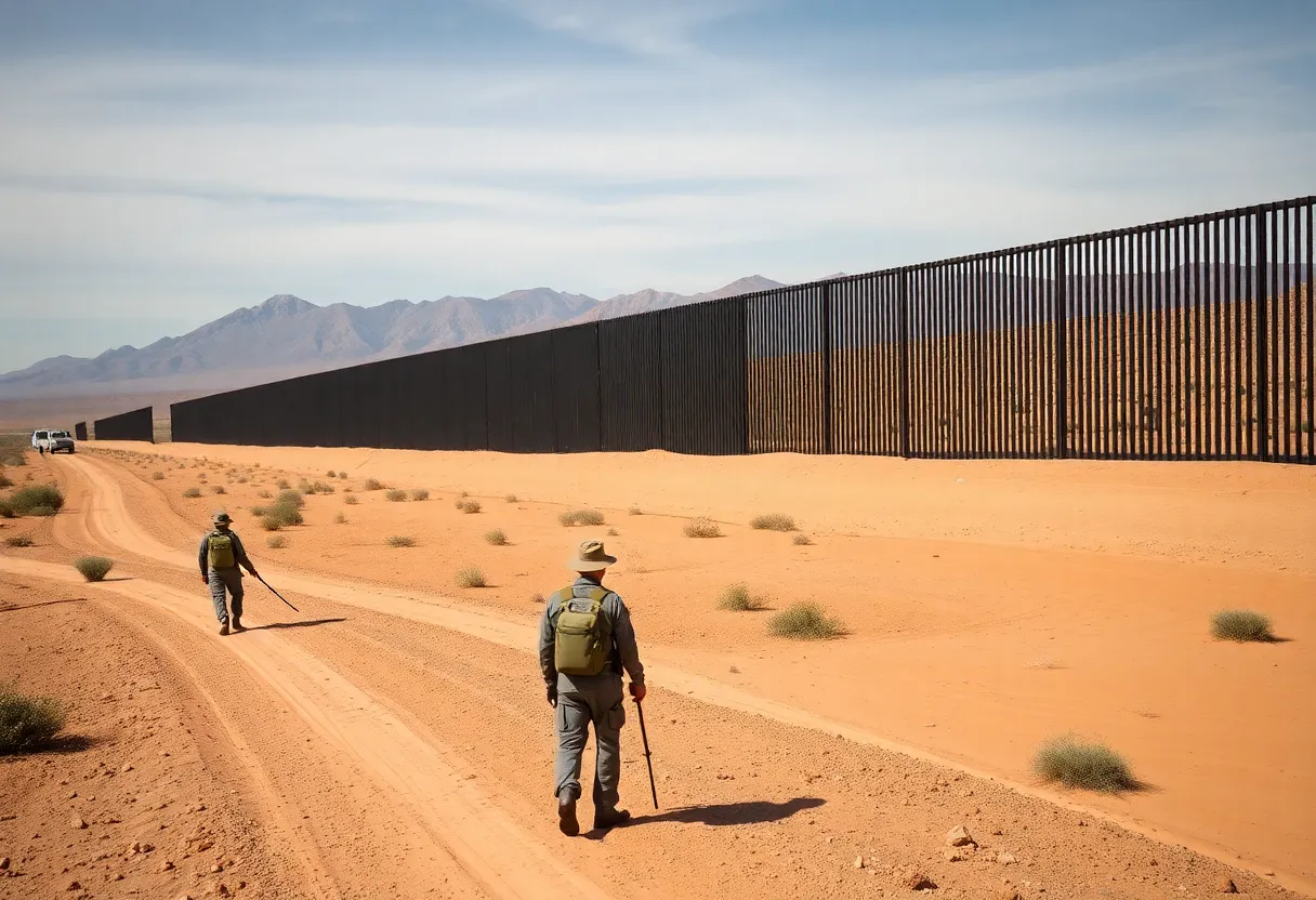 Black-painted U.S.-Mexico border wall with military presence.