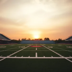 Empty football field showing bleachers in the background during sunset