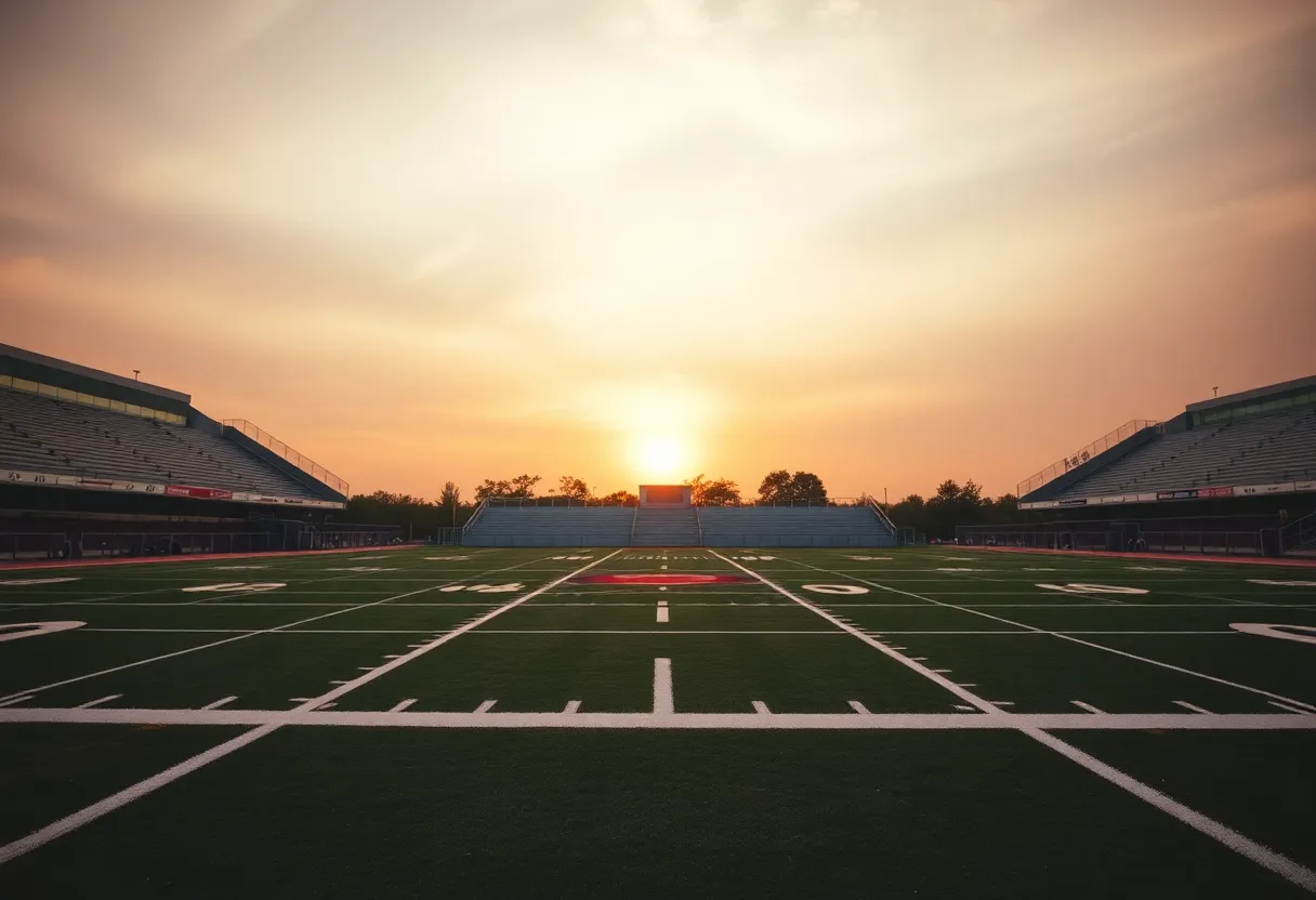 Empty football field showing bleachers in the background during sunset