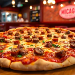 Delicious Chicago-style pizza with toppings at Tortugas Homemade Pizza in Birmingham, Alabama.