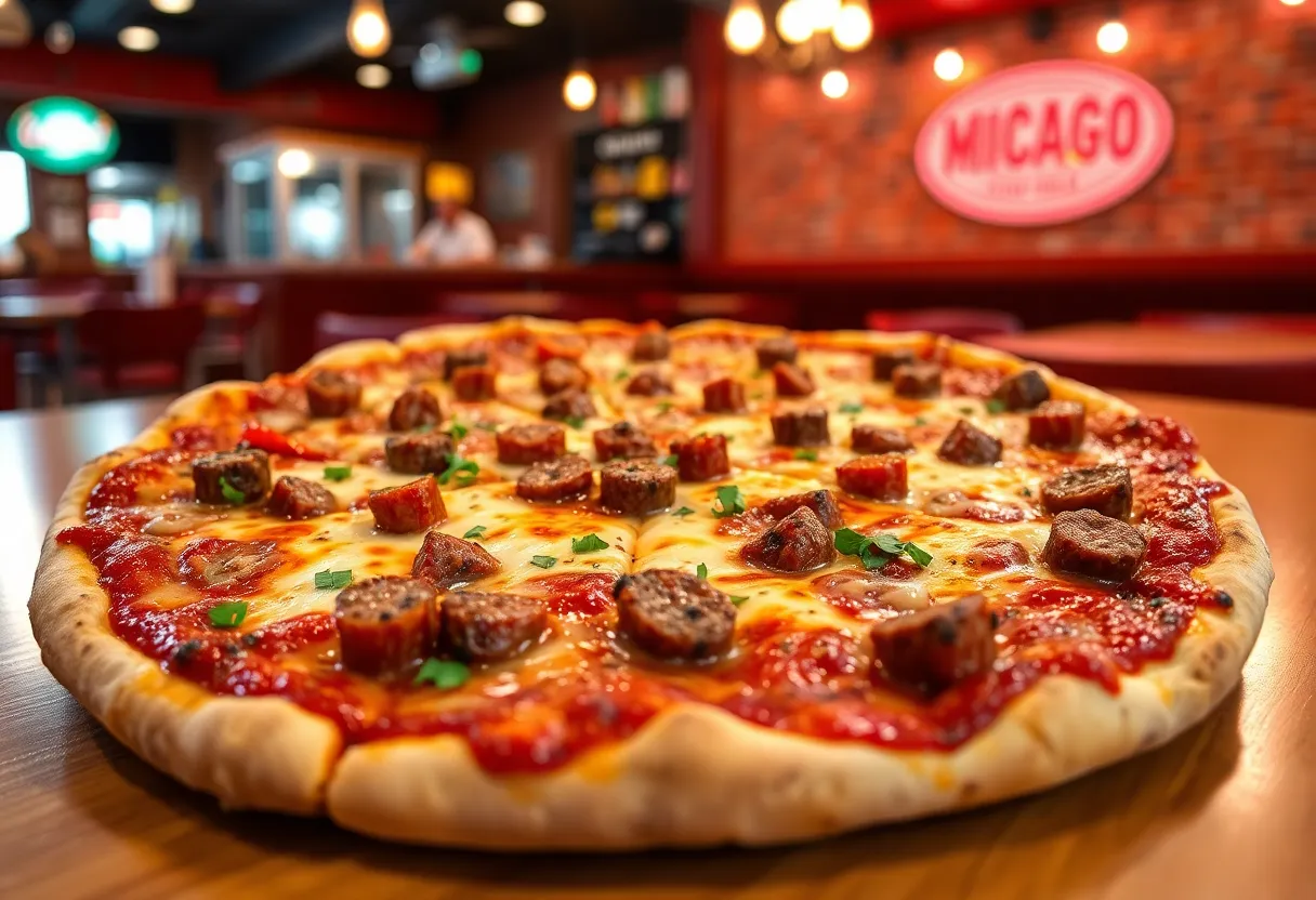 Delicious Chicago-style pizza with toppings at Tortugas Homemade Pizza in Birmingham, Alabama.