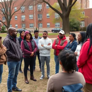 A community meeting discussing youth safety and violence near a public housing area.