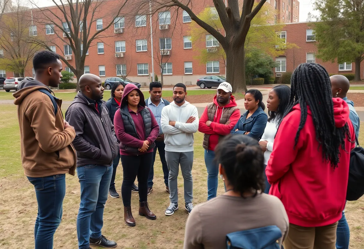 A community meeting discussing youth safety and violence near a public housing area.