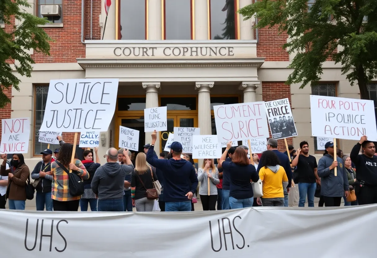Protesters advocating for justice outside a courthouse