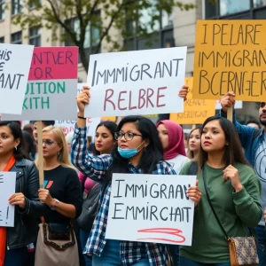 A diverse group of community members advocating for immigrant rights