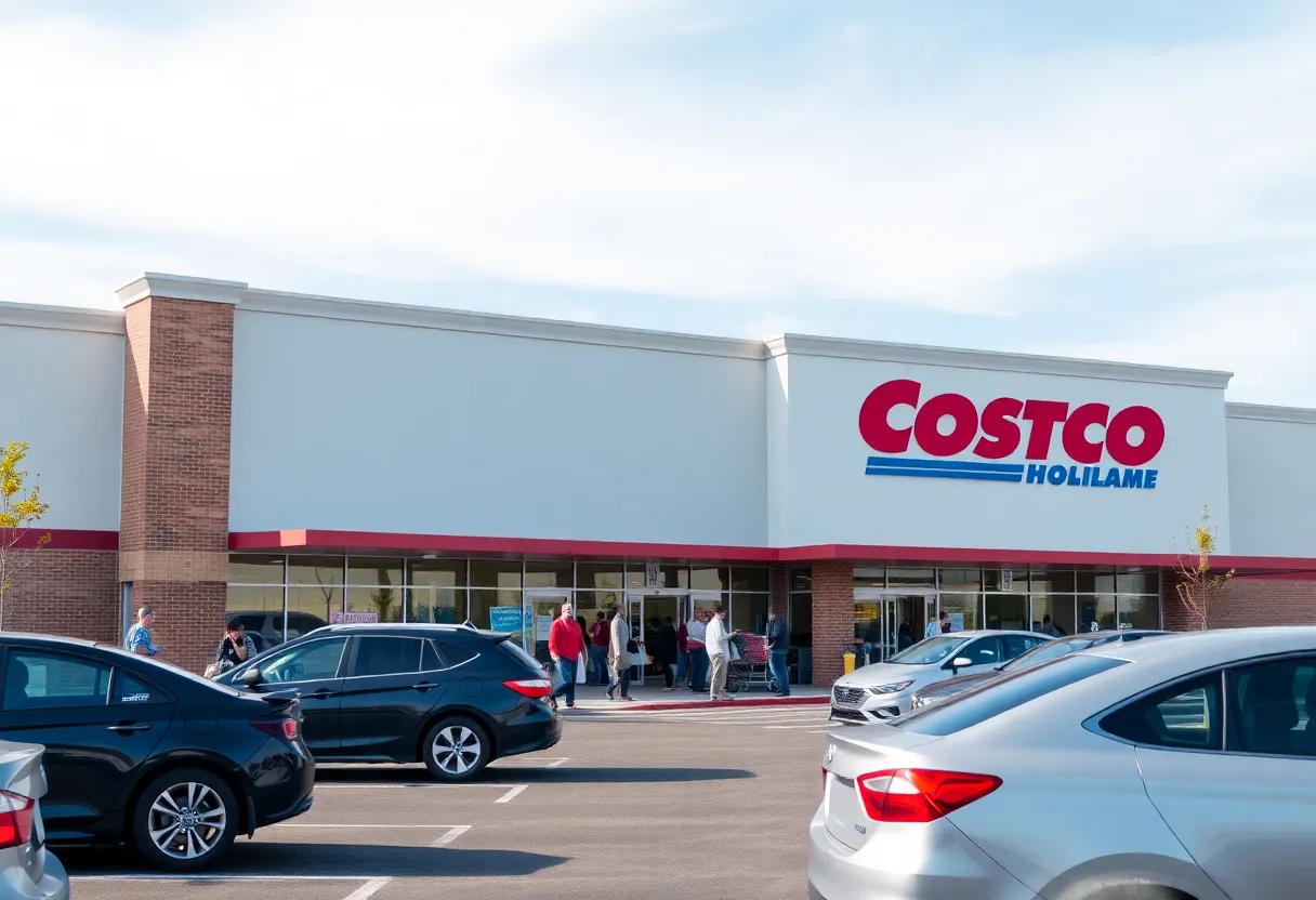 Modern Costco store with shoppers and cars in the parking lot