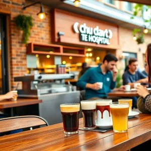 New Dutch Bros Coffee location in Alabaster, featuring vibrant coffee drinks and outdoor seating.