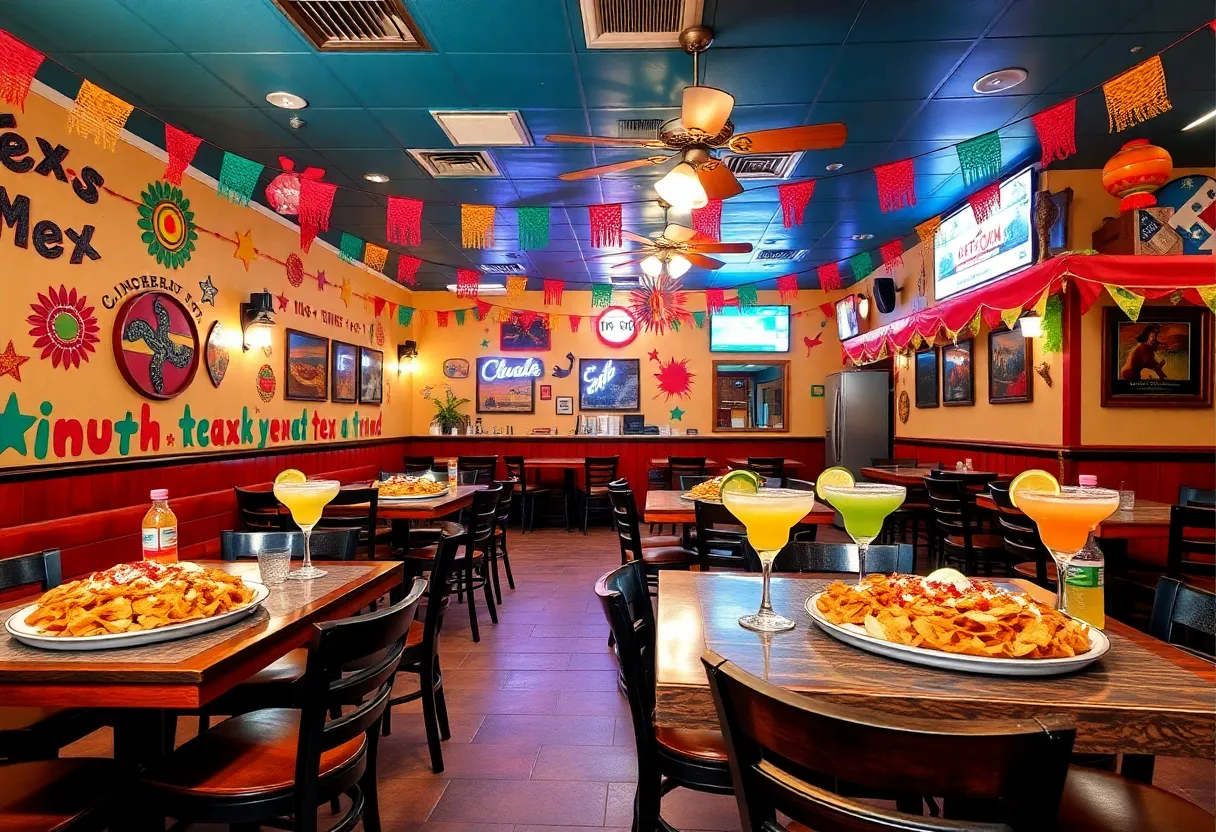 Interior of El Patron Tex-Mex restaurant with food on the table