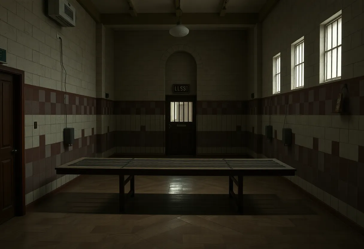 A somber execution chamber representing the controversy of the death penalty.