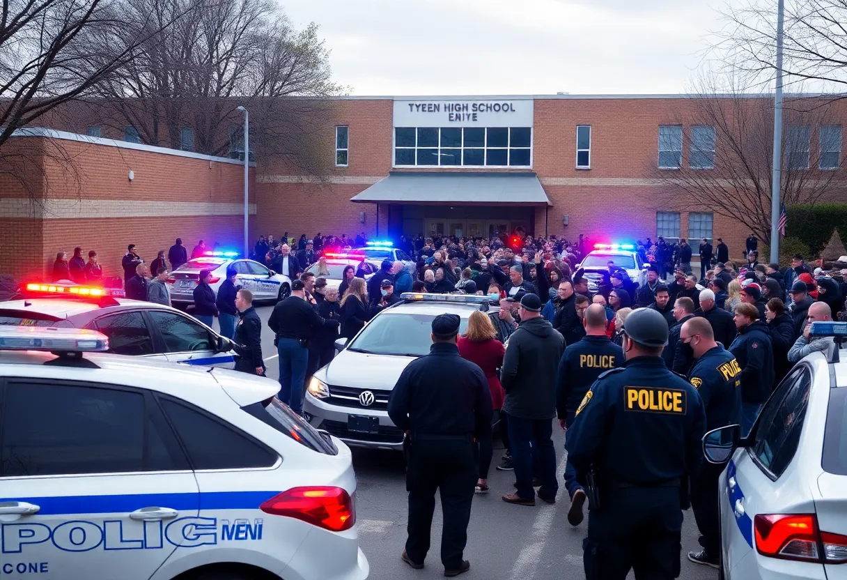 Police managing a large crowd outside Fairfield High School