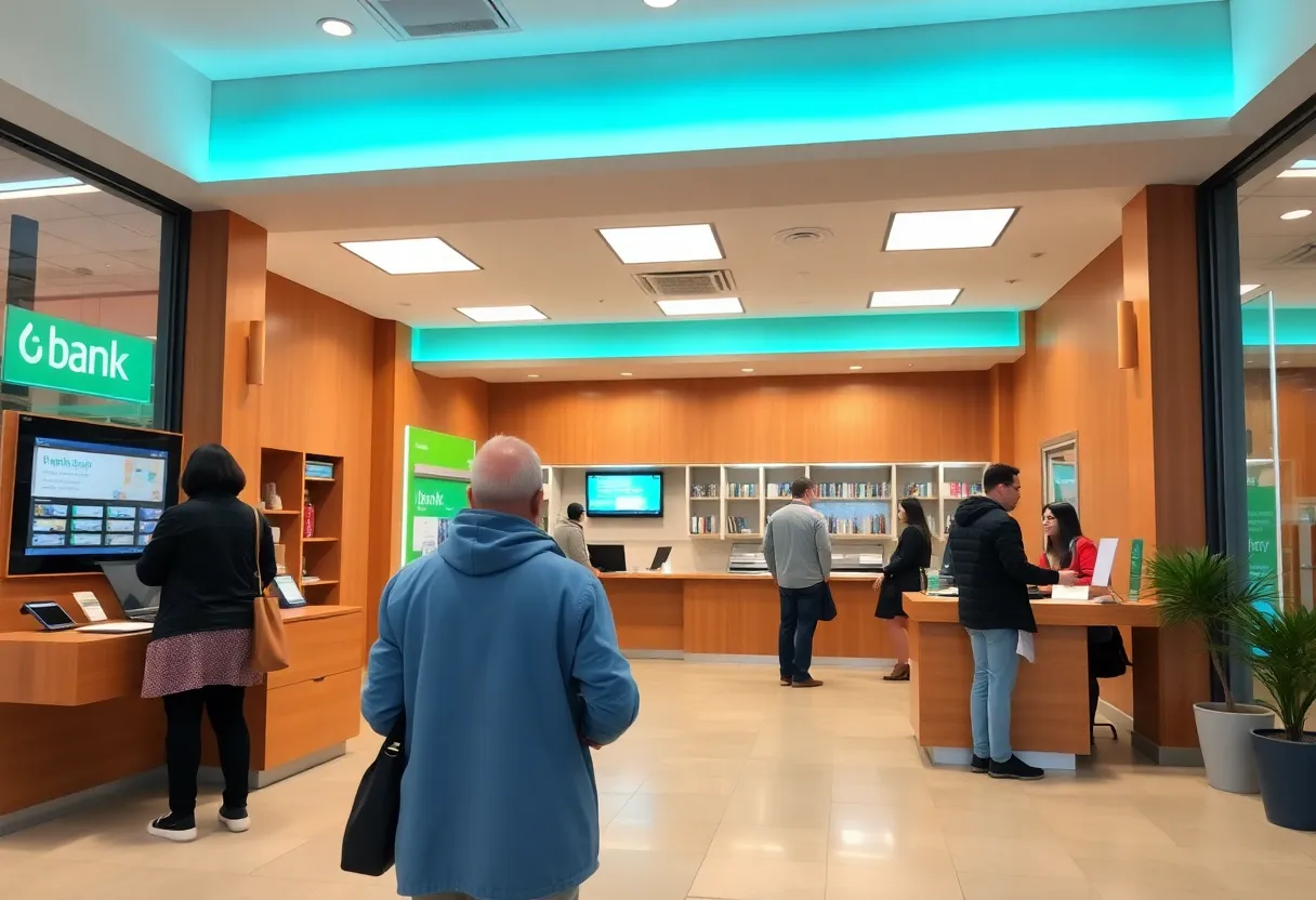 A modern bank branch promoting community engagement.