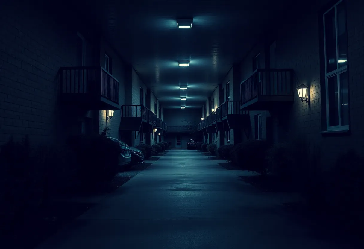 Breezeway of an apartment complex in Homewood, reflecting domestic issues.