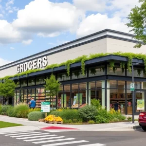 Redesigned Piggly Wiggly store with improved entrance and green space