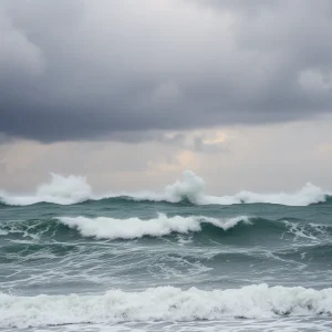 Dramatic ocean view showcasing stormy weather and high waves during Hurricane Erin