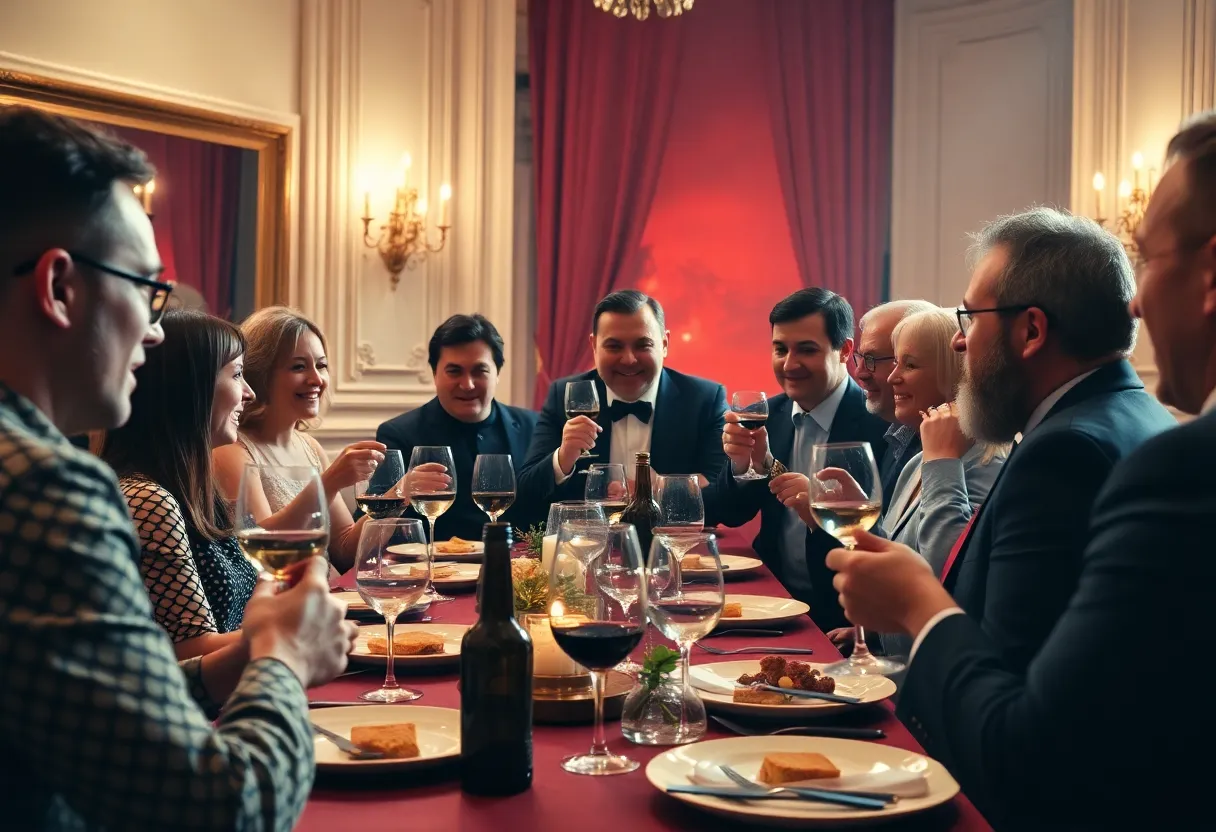 Adults enjoying an interactive comedy murder mystery dinner show in Birmingham