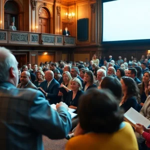 Audience engaged in a book discussion at a theater.