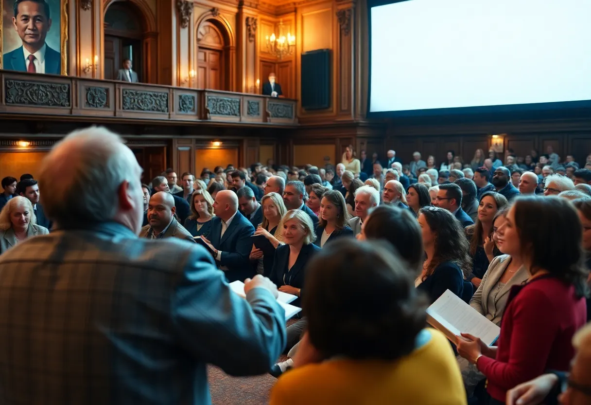 Audience engaged in a book discussion at a theater.