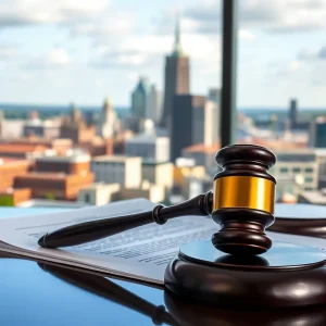 Gavel and legal documents with Birmingham skyline