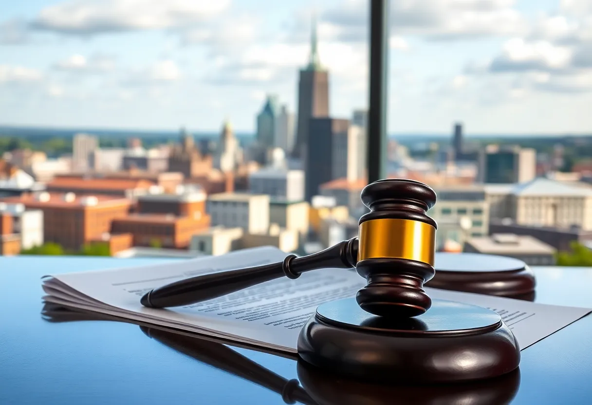 Gavel and legal documents with Birmingham skyline