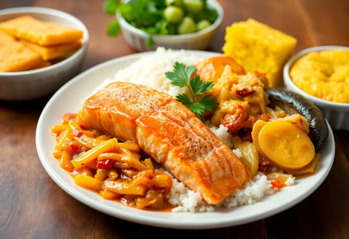 Tasty LHUT Meal featuring salmon, rice, and sides