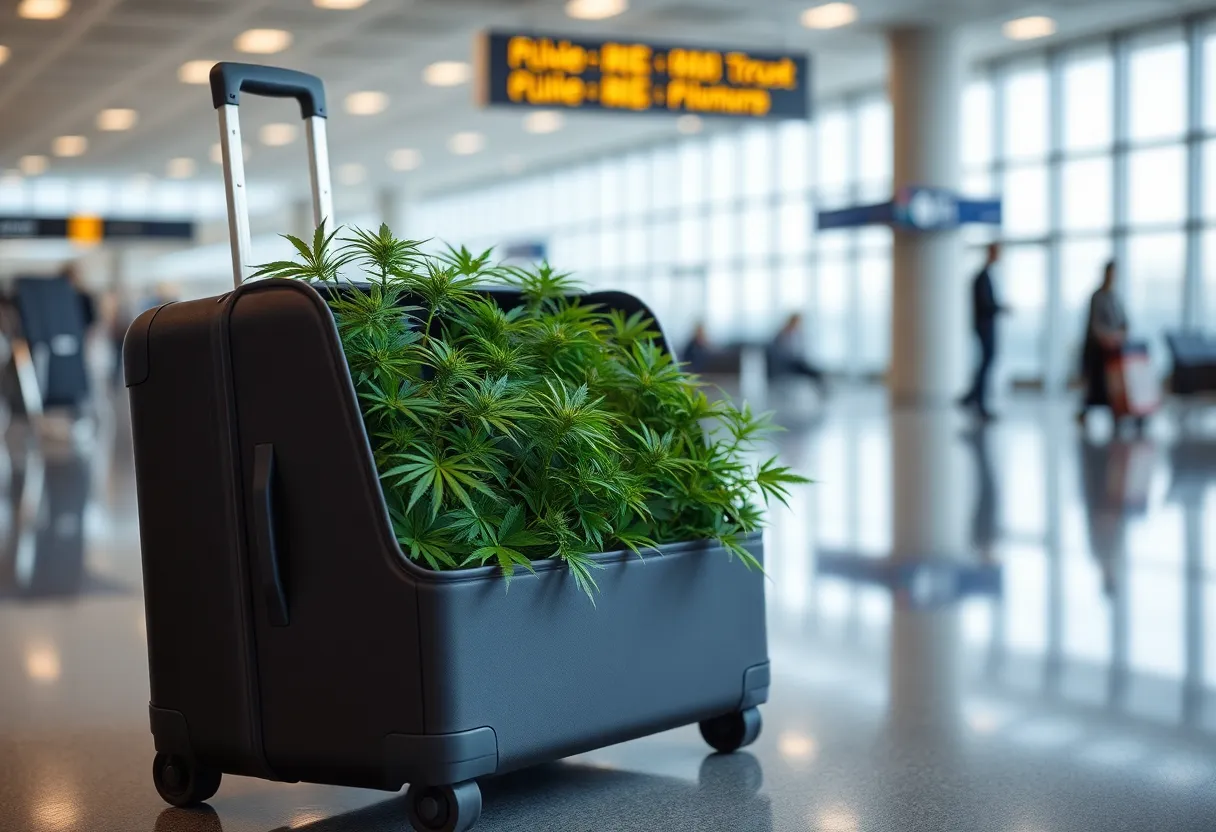 Roller suitcase containing marijuana plants