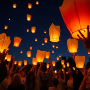Community members releasing lanterns in memory of D'Anthony Jones