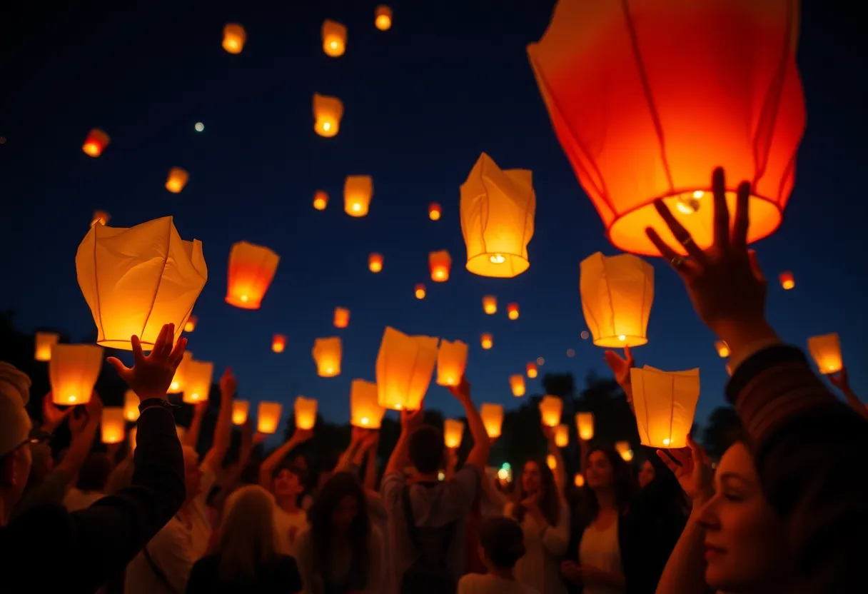 Community members releasing lanterns in memory of D'Anthony Jones