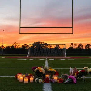 Memorial setup for a high school coach on a football field