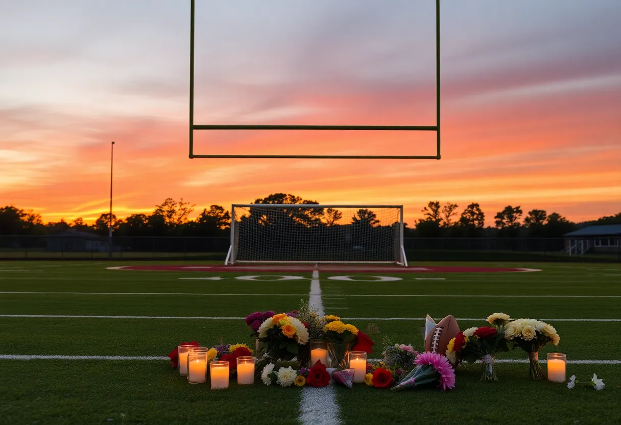 Memorial setup for a high school coach on a football field