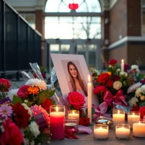 A memorial setup with flowers and candles for a beloved coach