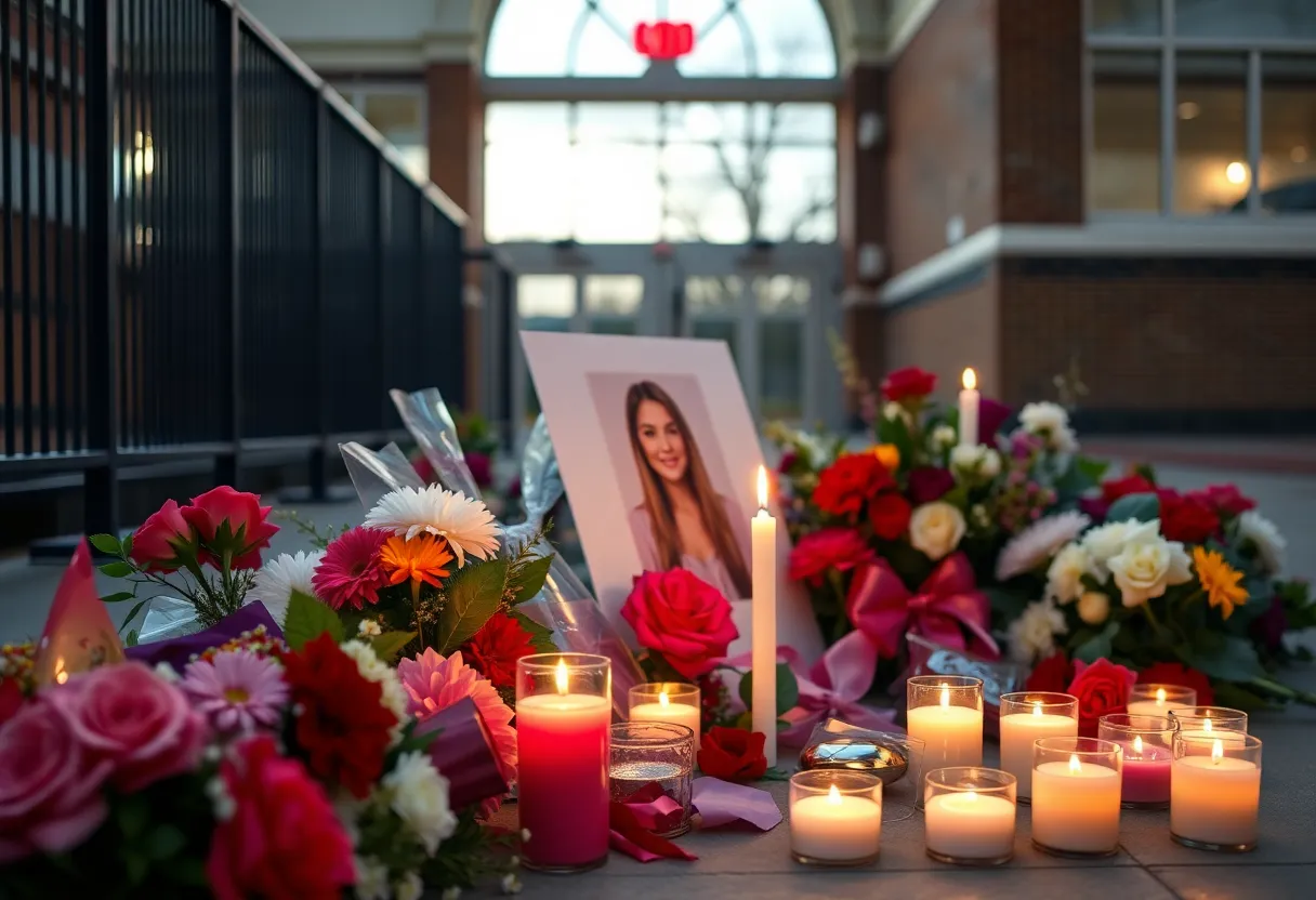 A memorial setup with flowers and candles for a beloved coach