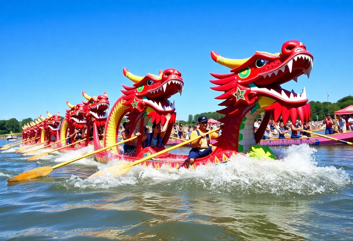 Teams competing in the Mitchell's Place Dragon Boat Race at East Lake Park.