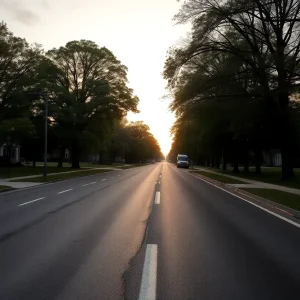 A peaceful suburban road at dawn, representing road safety