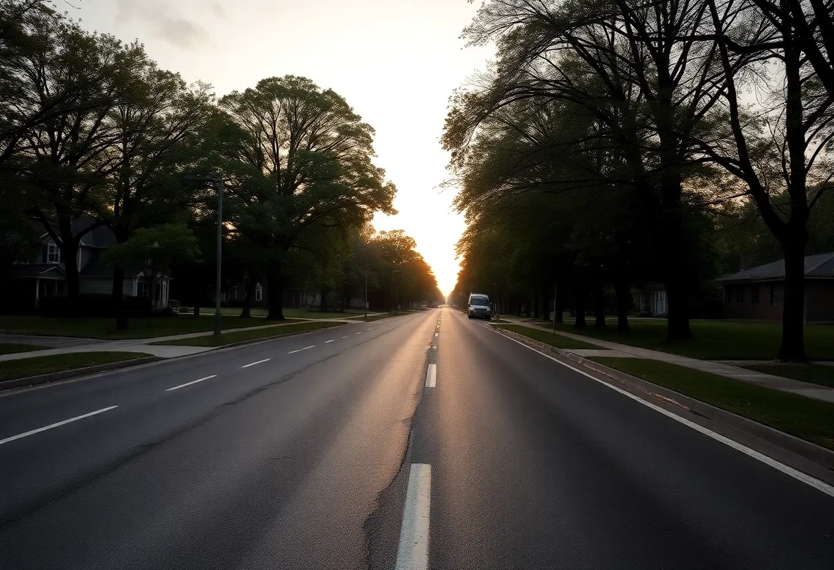 A peaceful suburban road at dawn, representing road safety