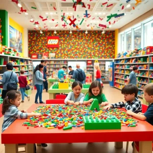 Interior view of the new LEGO store in Dunwoody with families building.
