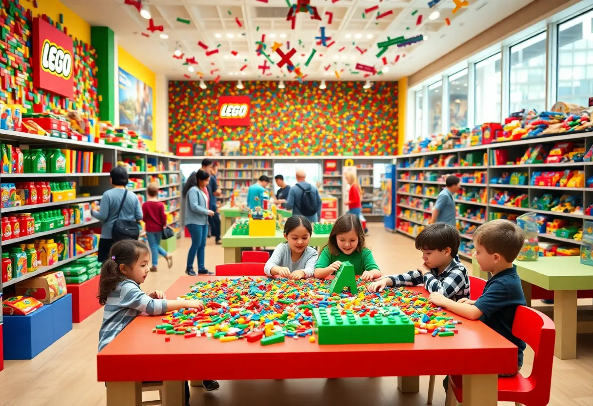 Interior view of the new LEGO store in Dunwoody with families building.