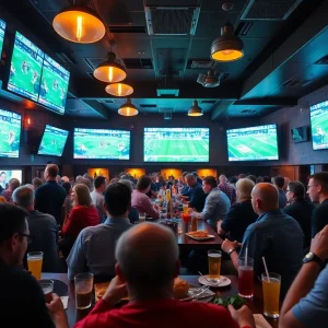 Interior view of Paramount bar with fans watching sports