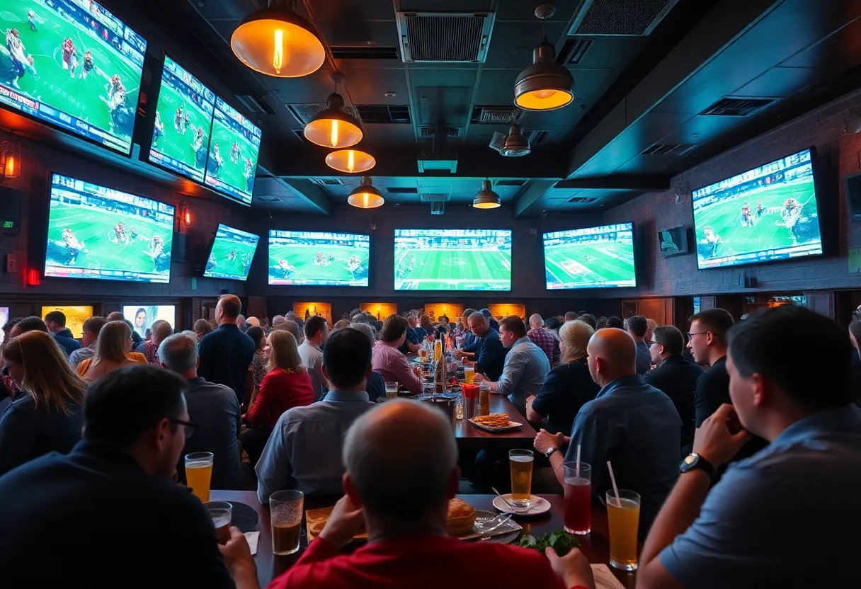 Interior view of Paramount bar with fans watching sports